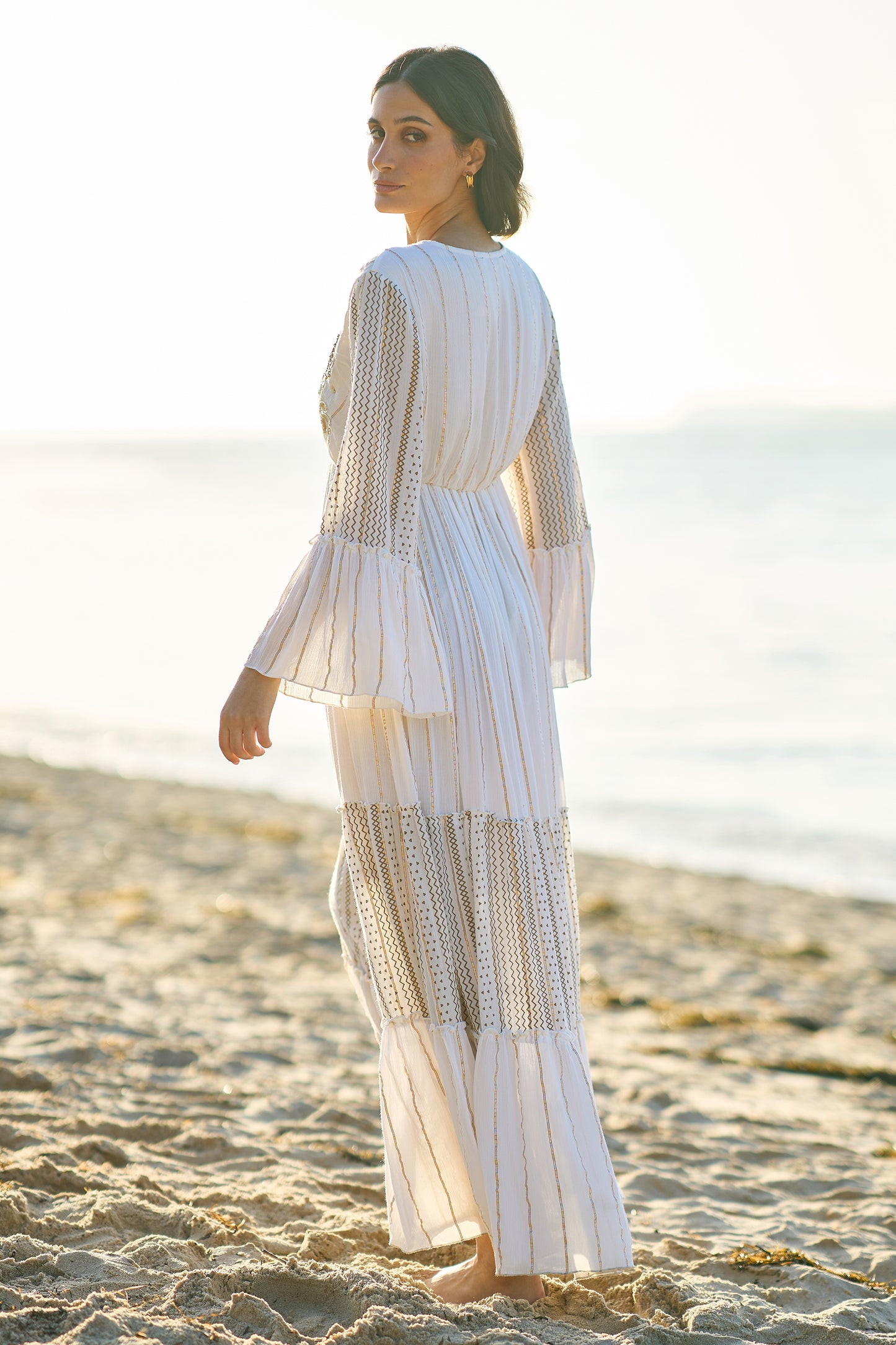 Yumi White Metallic Embellished Maxi Dress With Long Sleeves Beachwear Yumi