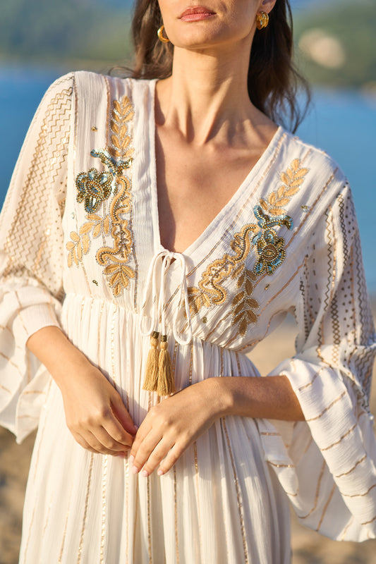 Yumi White Metallic Embellished Maxi Dress With Long Sleeves Beachwear Yumi