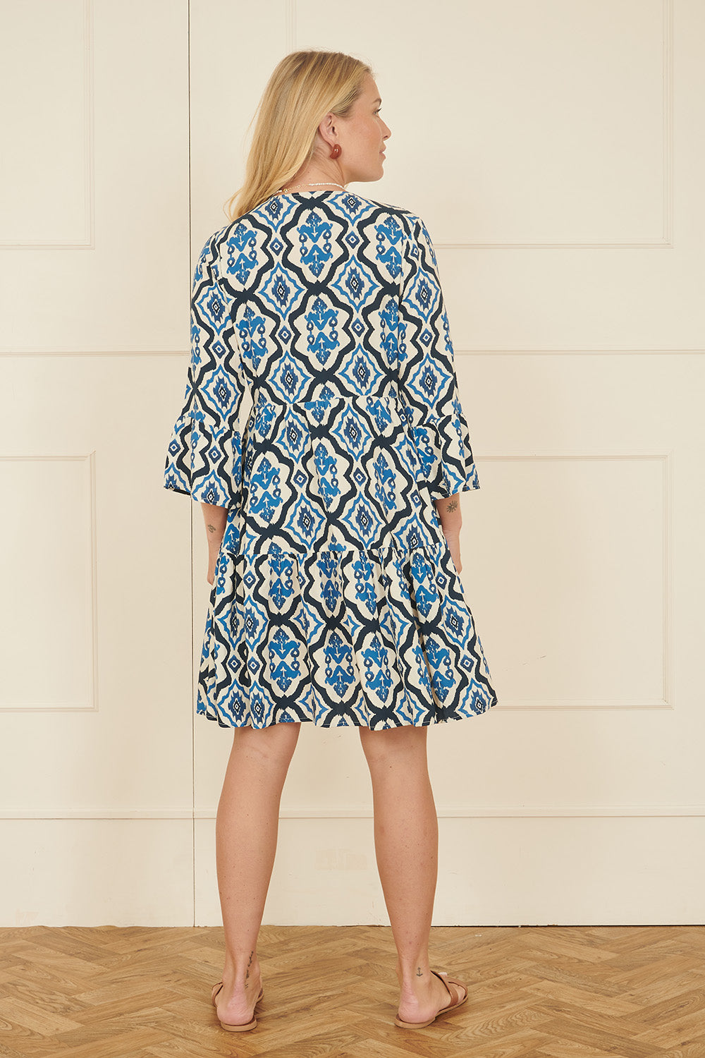 Yumi Viscose Blue Ikat Print 3/4 Sleeve Tunic Dress Beachwear Yumi