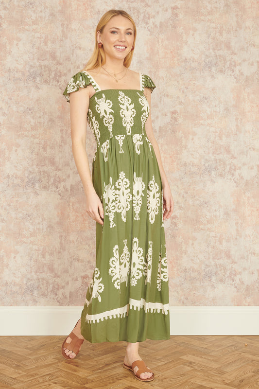 Yumi Green Block Print Ruched Maxi Dress Beachwear Yumi