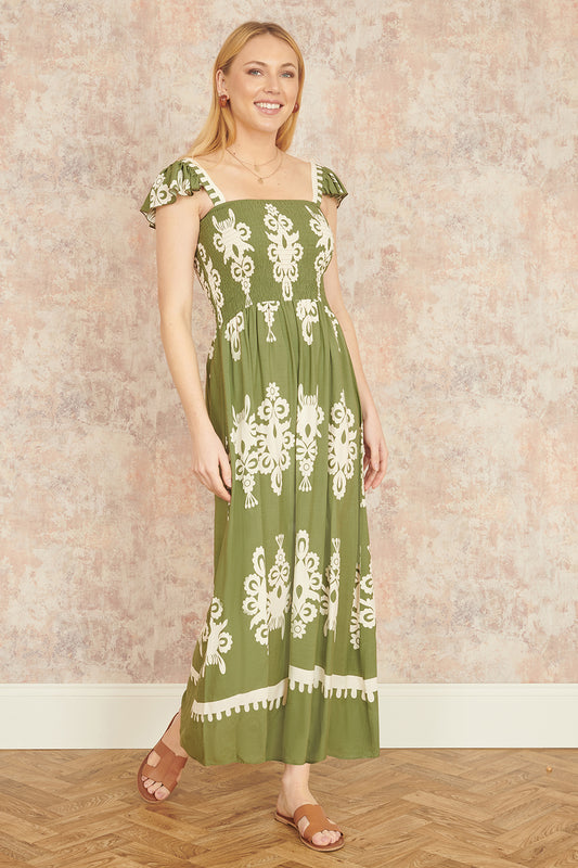 Yumi Green Block Print Ruched Maxi Dress Beachwear Yumi