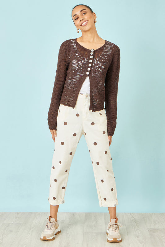 Yumi Brown Flower Crochet Button Up Cardigan