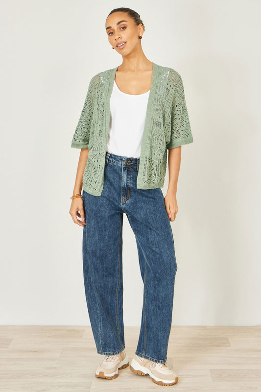Yumi Green Crochet Edge To Edge 3/4 Sleeve Cardigan Knit Top Yumi