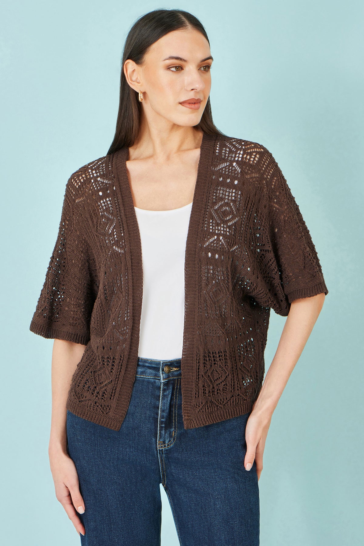 Yumi Brown Crochet Edge To Edge 3/4 Sleeve Cardigan Knit Top Yumi