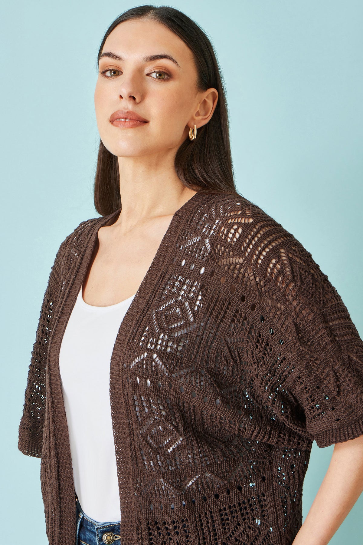 Yumi Brown Crochet Edge To Edge 3/4 Sleeve Cardigan Knit Top Yumi