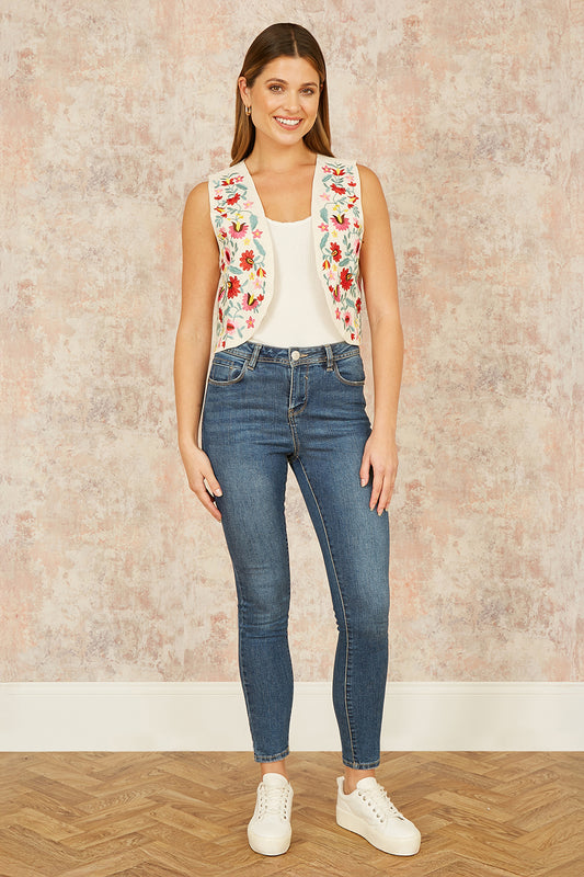 Yumi White Folk Embroidered Cotton Waist Coat WAISTCOAT Yumi