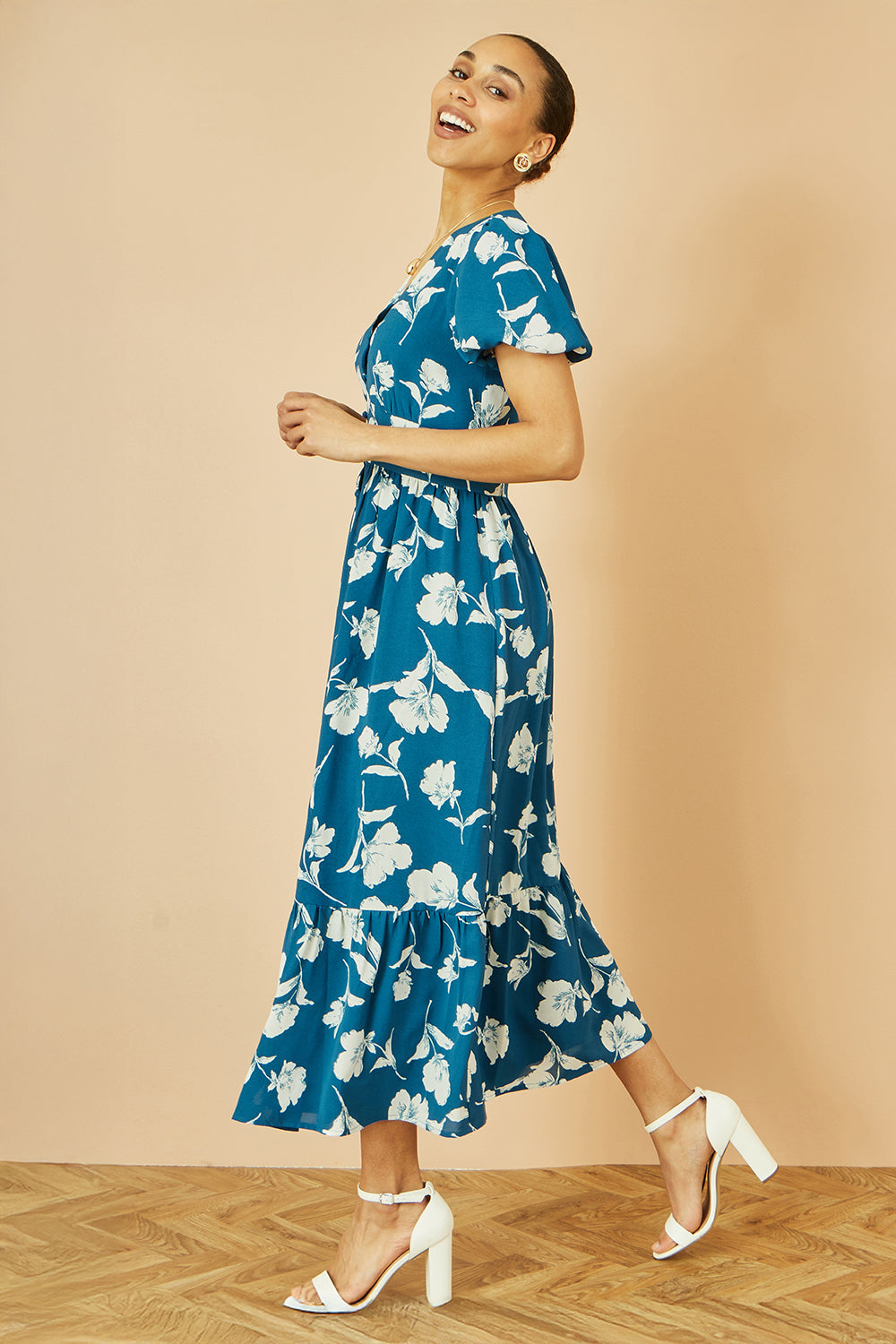 Yumi Teal Floral Button Down Floral Midi Dress Dress Casual Yumi