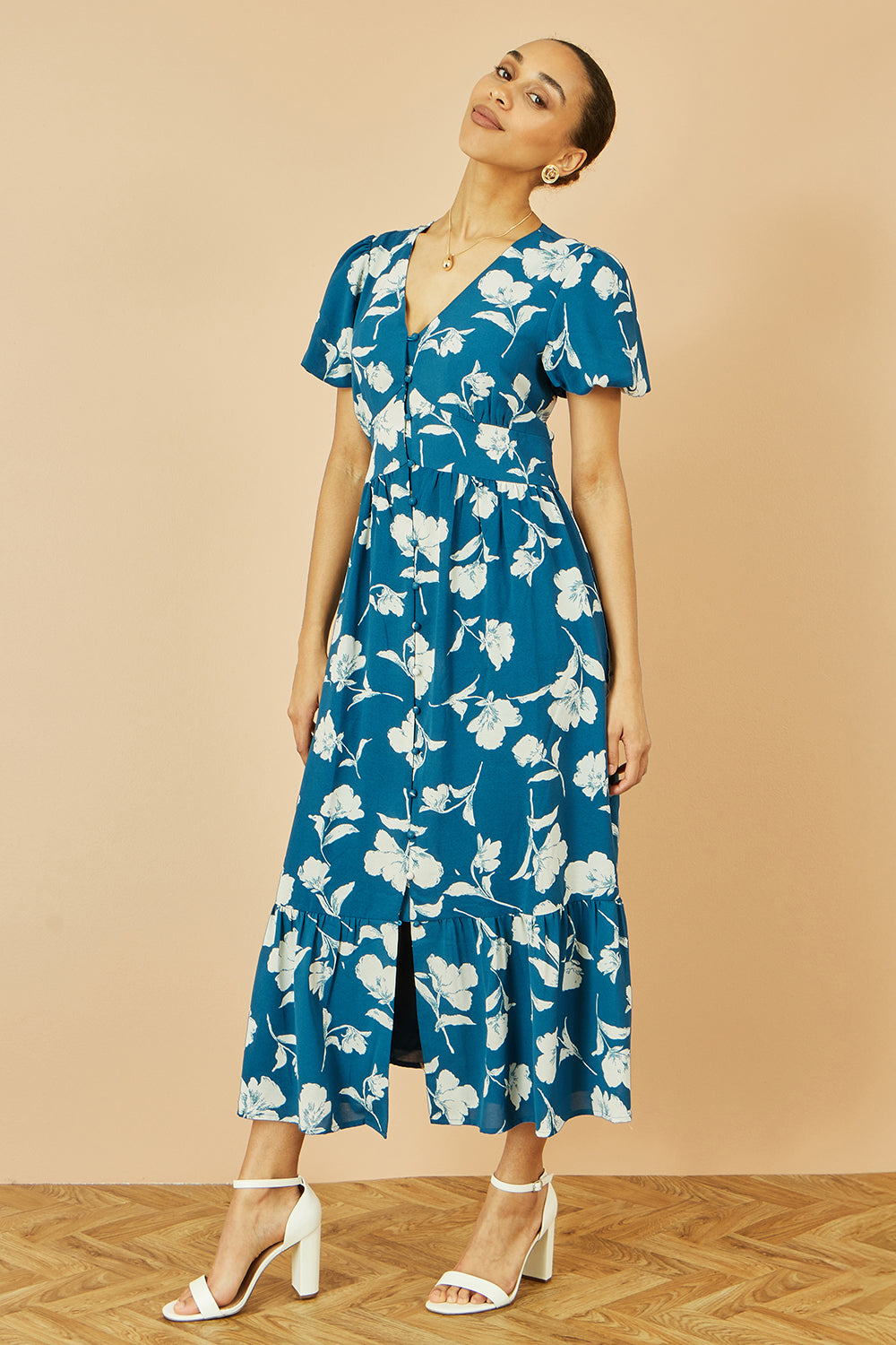Yumi Teal Floral Button Down Floral Midi Dress Dress Casual Yumi