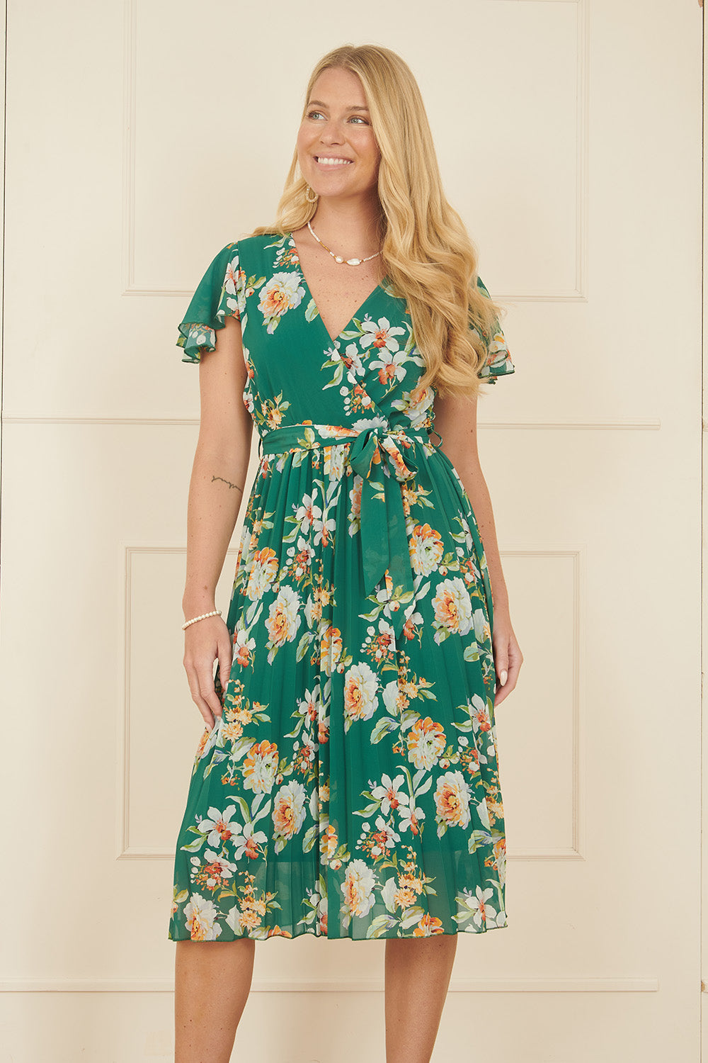 Yumi Green Floral Pleated Wrap Dress Occasionwear Yumi