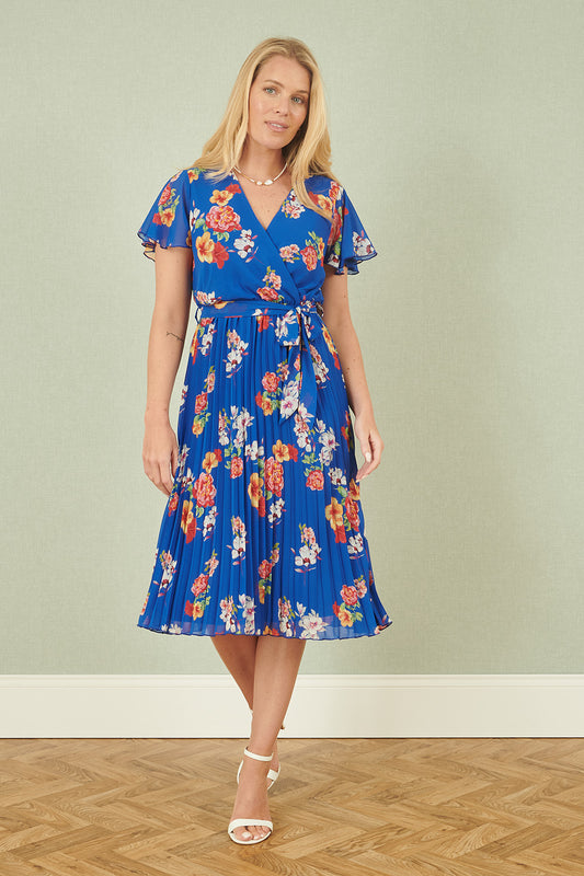 Yumi Blue Floral Pleated Wrap Dress Occasionwear Yumi