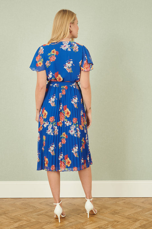 Yumi Blue Floral Pleated Wrap Dress Occasionwear Yumi