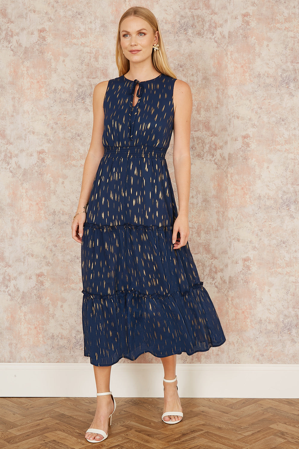 Yumi Navy Foil Print Ruched Waist Midi Dress With Tie Notch
