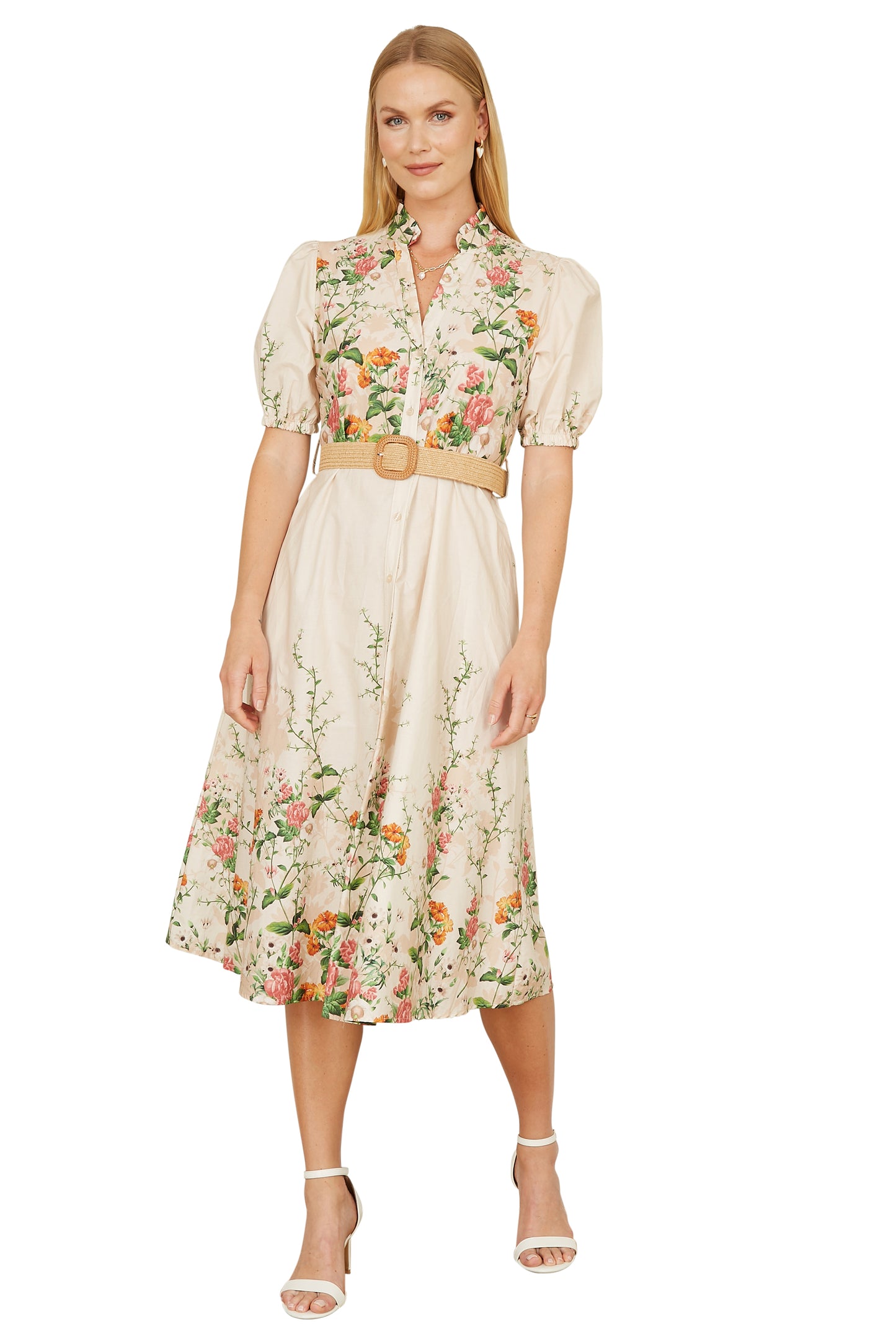Yumi Ivory Cotton Printed Midi Floral Placement Shirt Dress Occasionwear Yumi