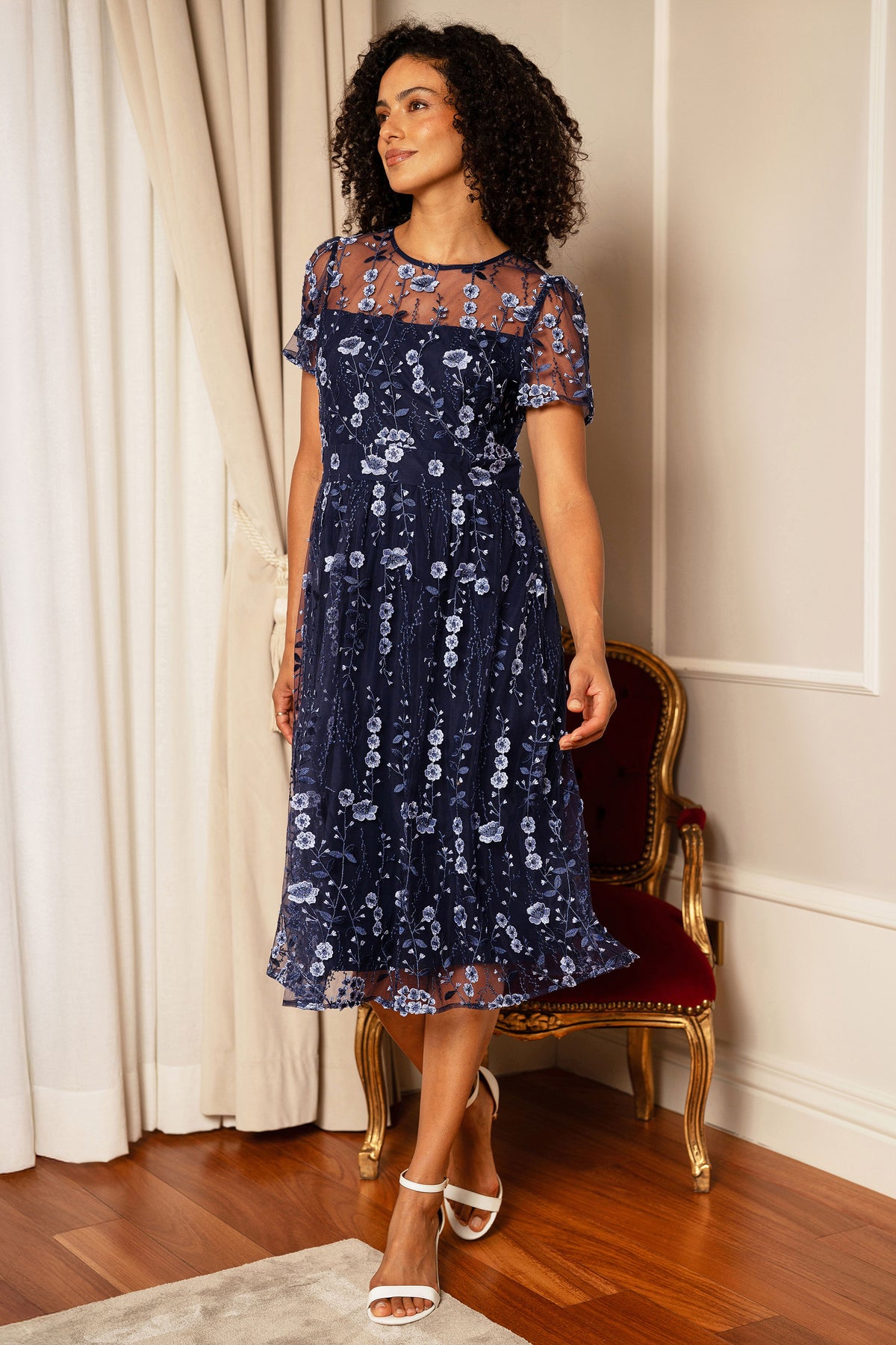 Yumi Navy Embroidered Mesh Midi Dress Dress Occasion Yumi