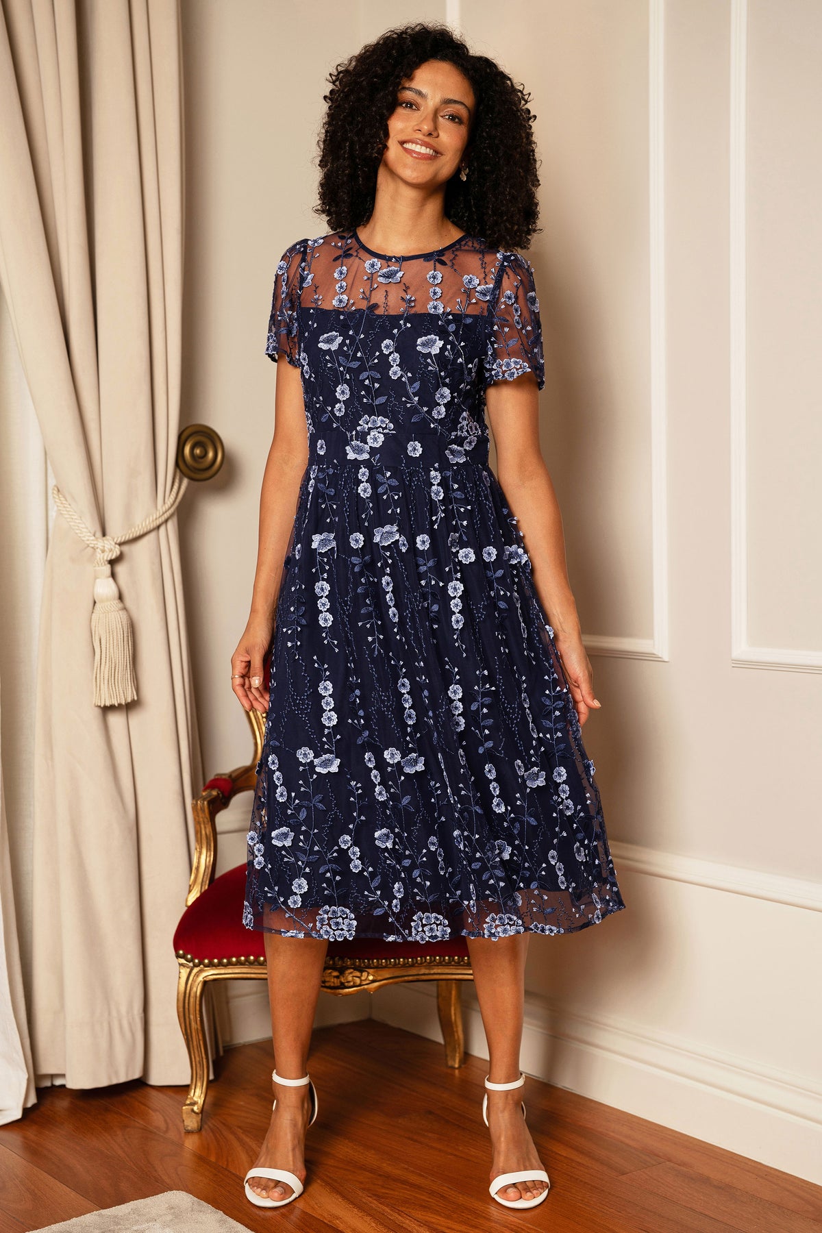 Yumi Navy Embroidered Mesh Midi Dress Dress Occasion Yumi