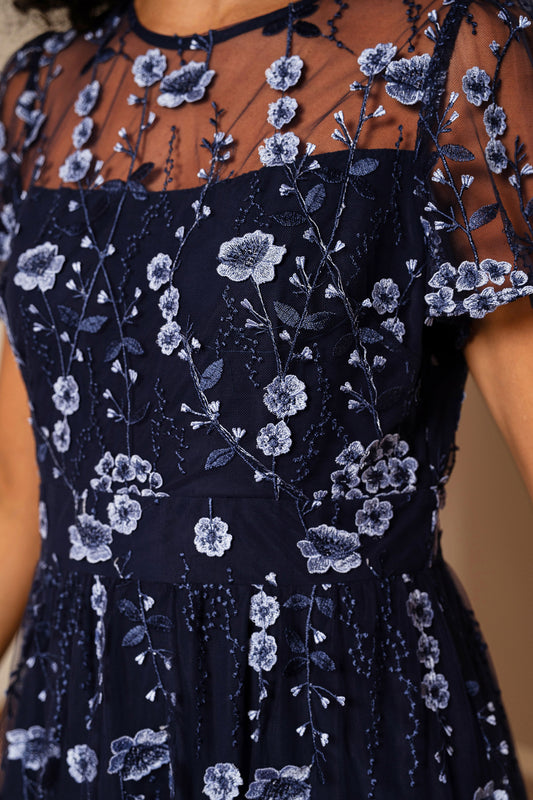 Yumi Navy Embroidered Mesh Midi Dress Dress Occasion Yumi