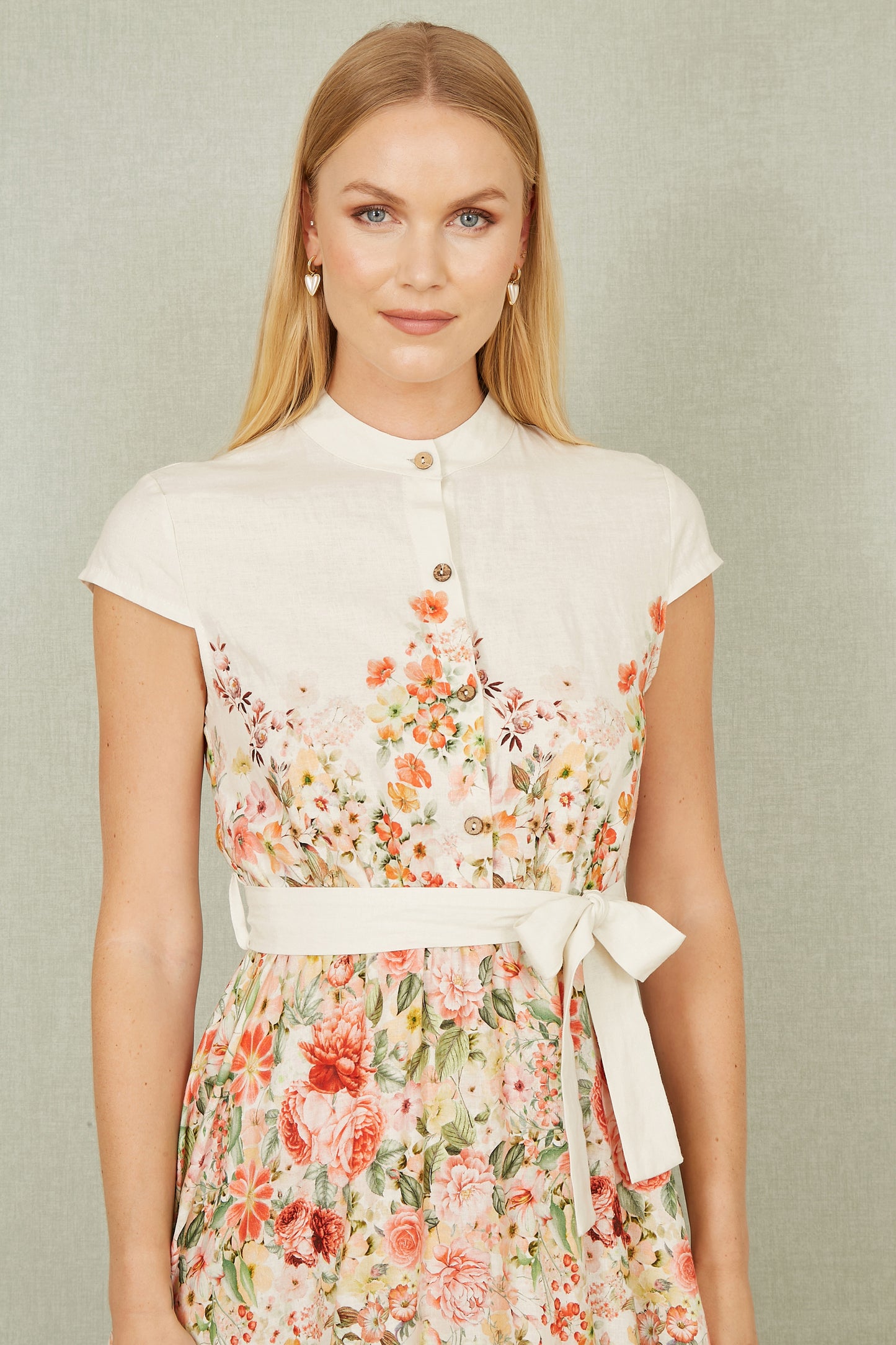 Yumi White Linen Floral Mirrored Placement Skater Dress Occasionwear Yumi