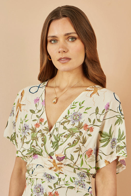 Yumi Ivory Floral Print Ruched Waist Midi Dress With Kimono Sleeves DRES Day Yumi
