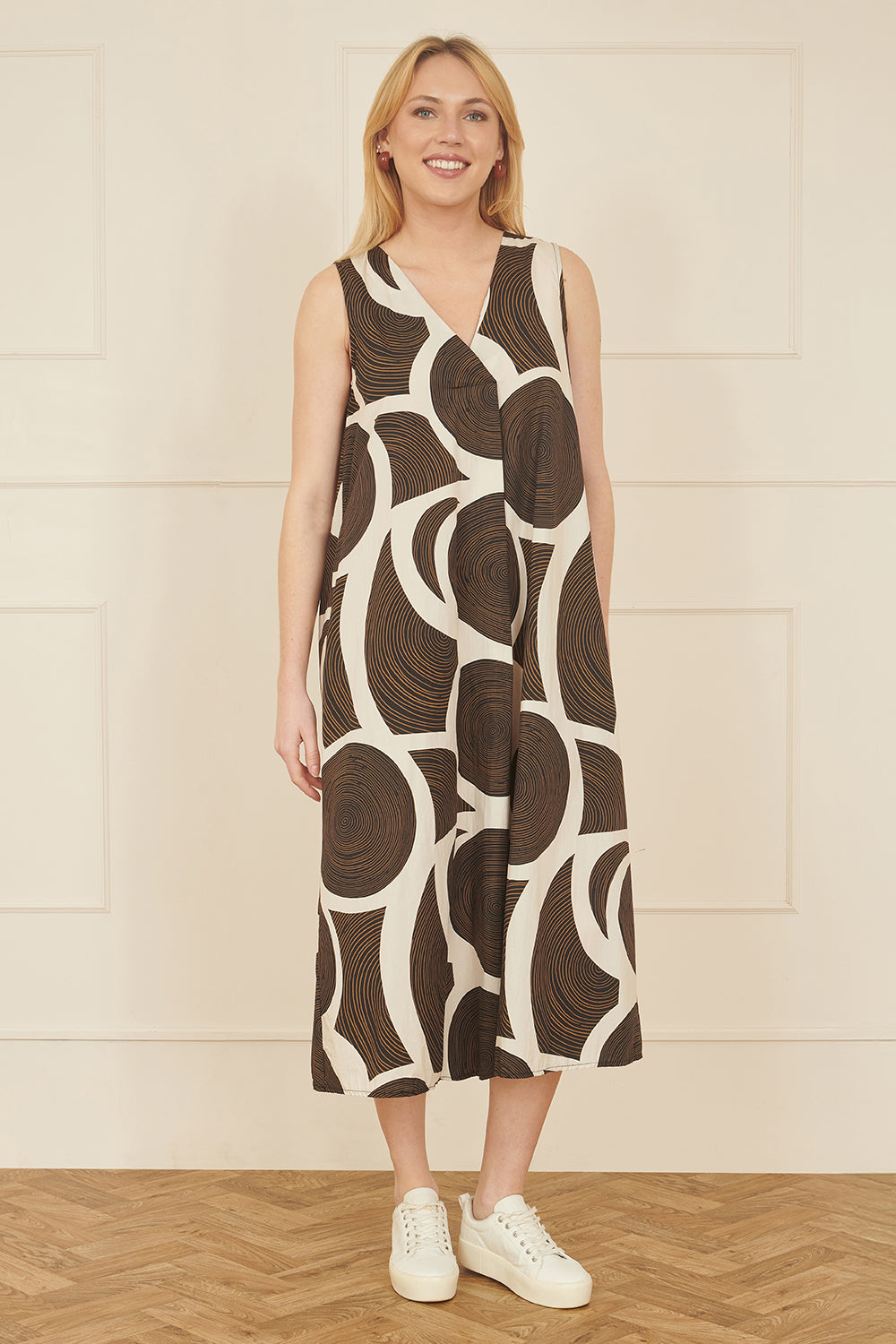 Yumi Brown Cotton Abstract Circle Trapeze Relaxed Midi Dress DRES Day Yumi