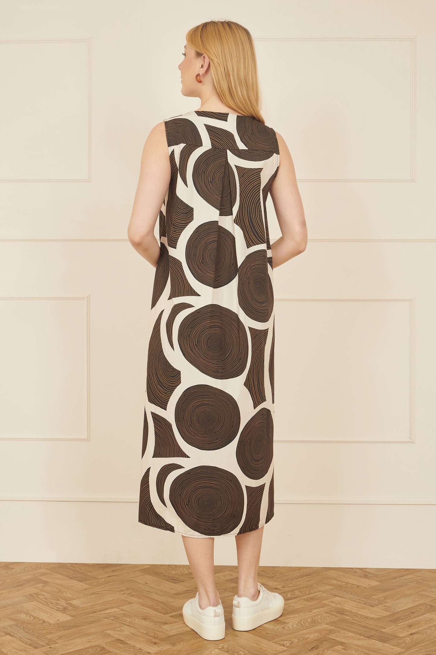Yumi Brown Cotton Abstract Circle Trapeze Relaxed Midi Dress DRES Day Yumi