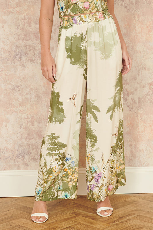 Yumi White Palm Print Wide Leg Trousers TROUSER Yumi
