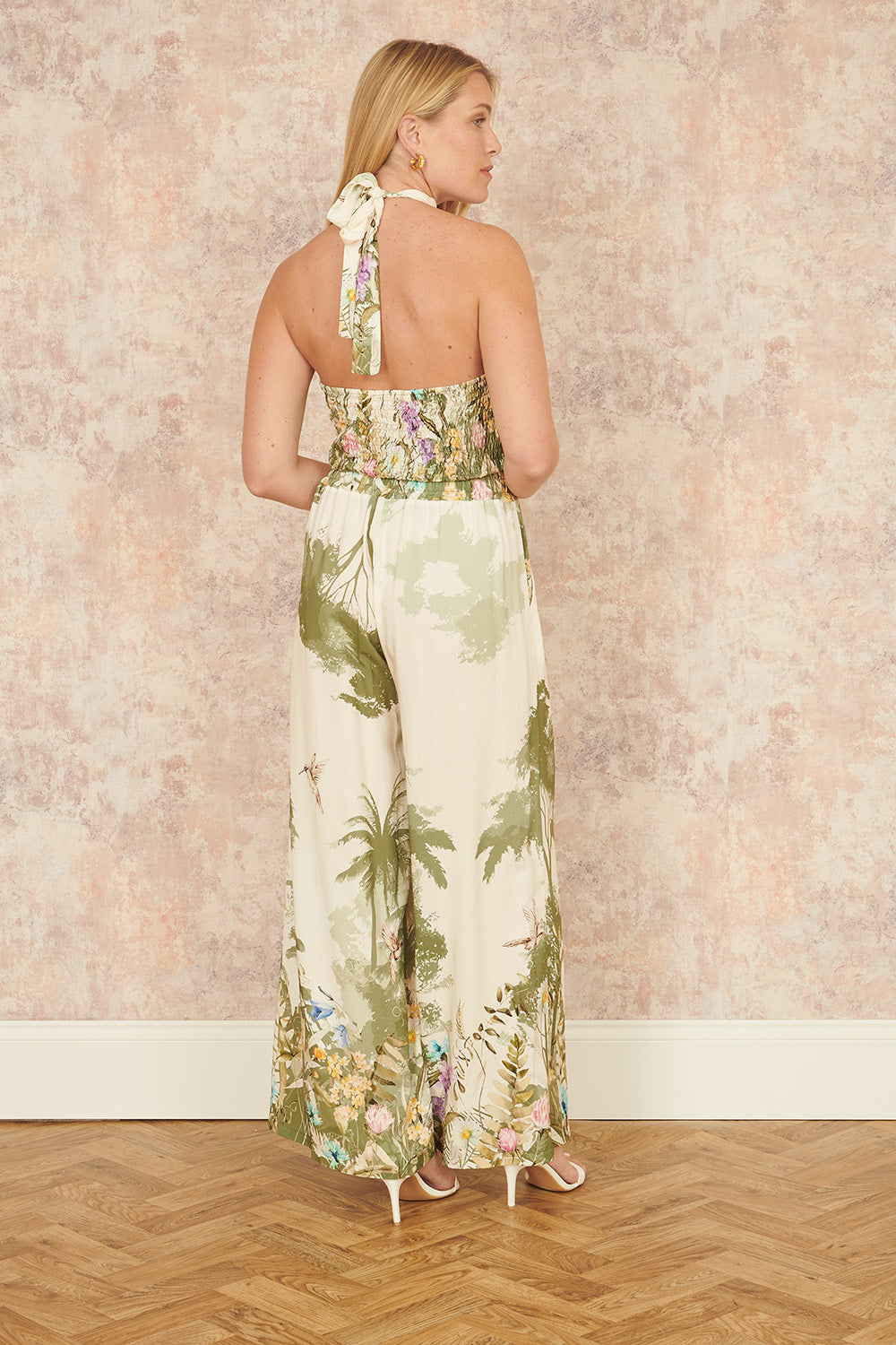 Yumi White Palm Print Wide Leg Trousers TROUSER Yumi