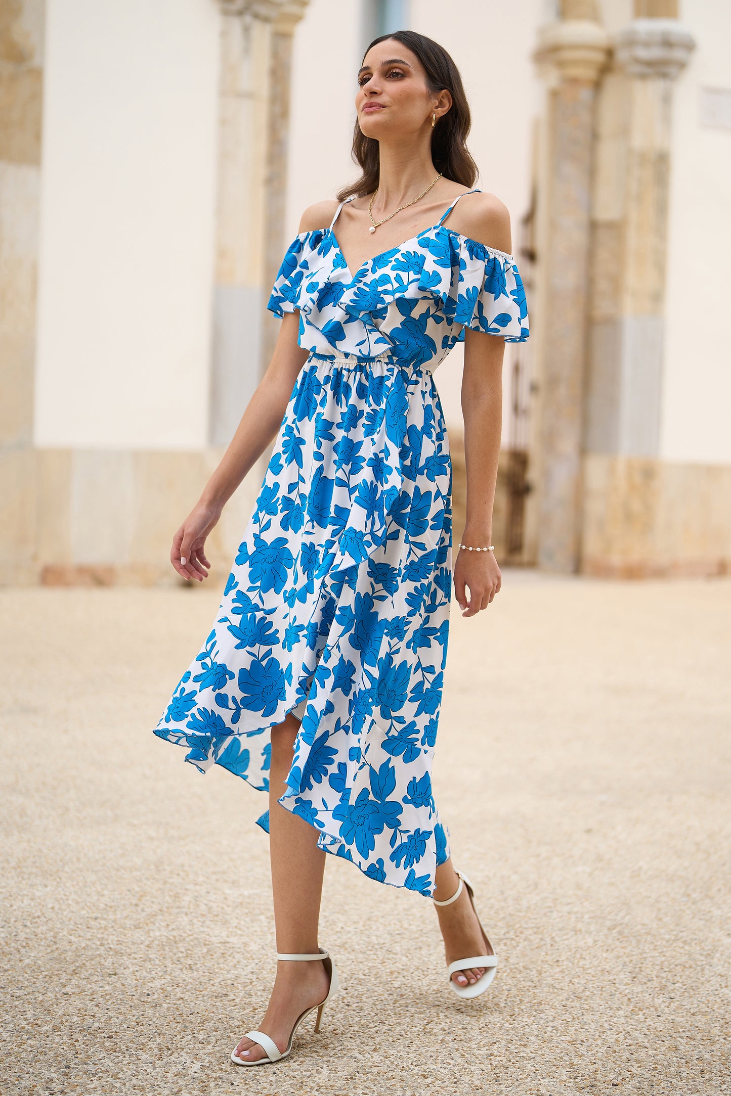 Yumi Blue Floral Print Bardot Midi Dress With Dip Hem DRES Day Yumi