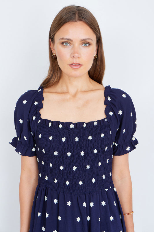 Yumi Navy Border Hemline Smocked Maxi Dress Dress Casual Yumi