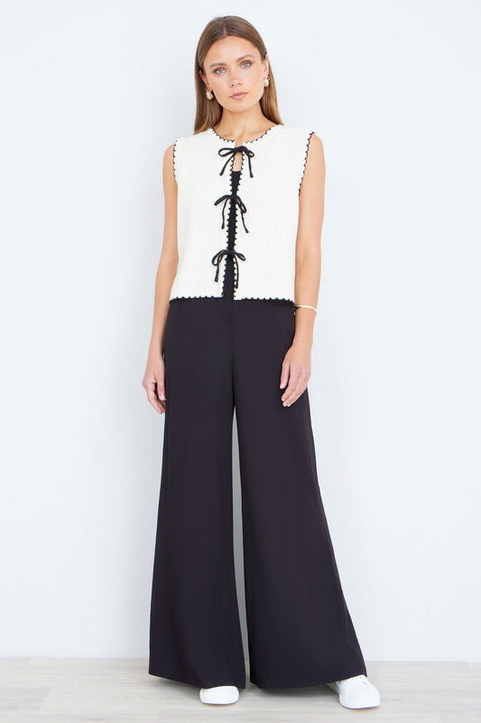 Yumi Ivory Knitted Waistcoat With Bow Trims Knit Top Yumi