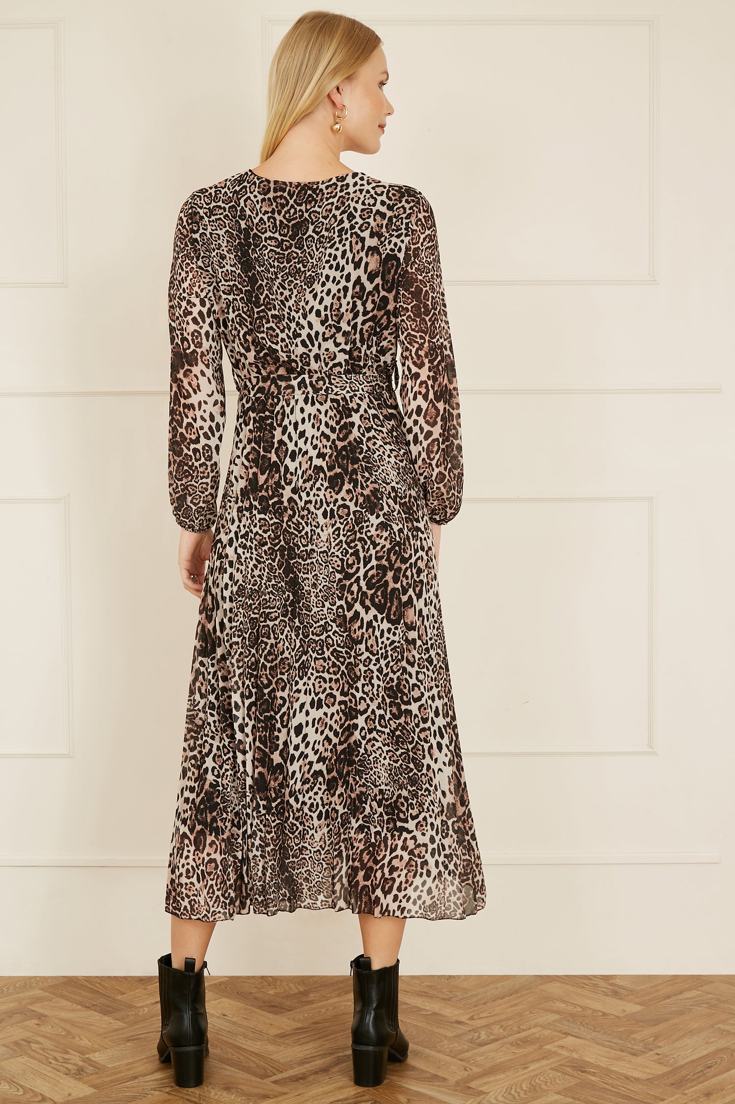 Yumi Brown Leopard Print Pleated Long Sleeve Wrap Midi Dress Yumi
