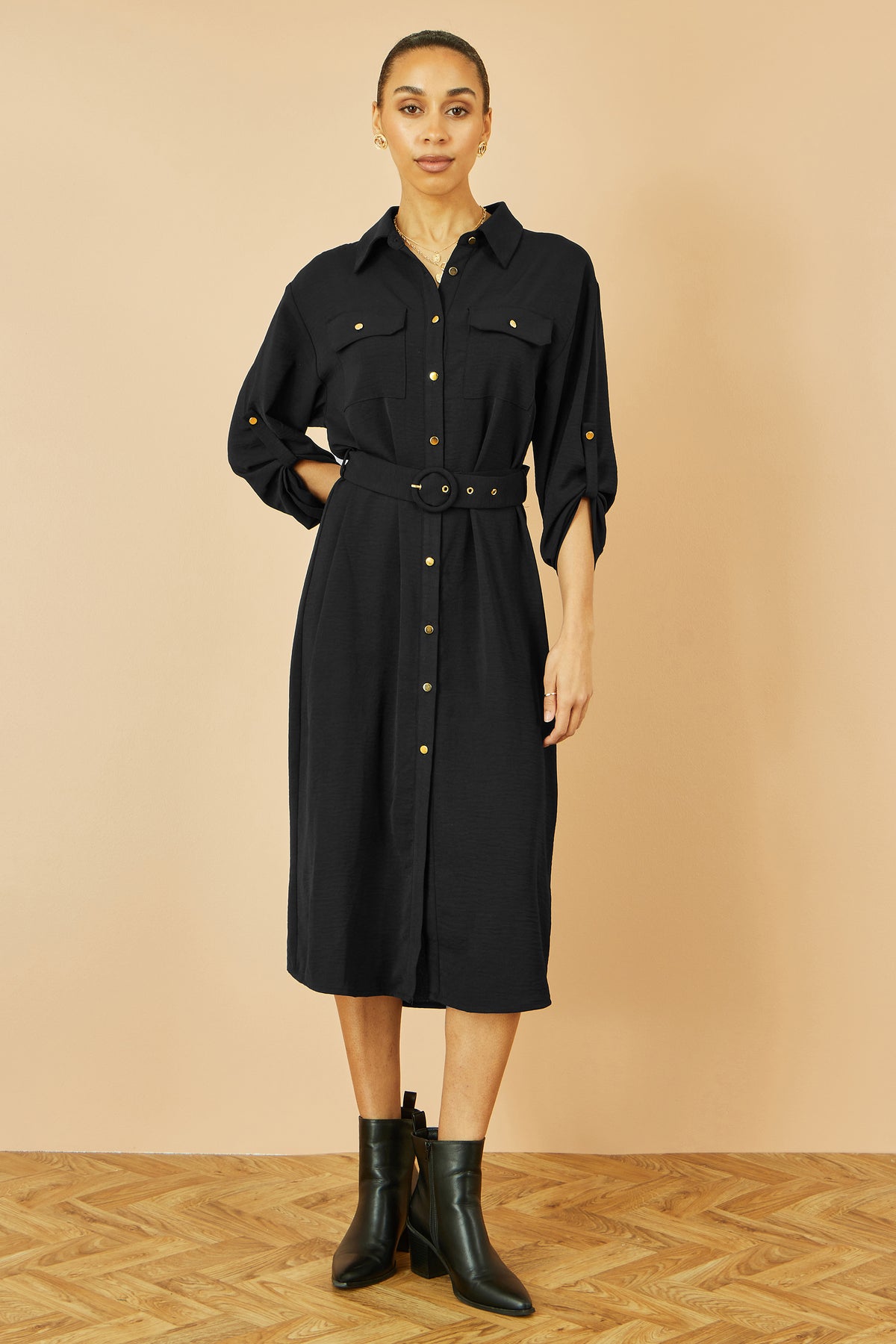 Yumi Black Stretch Midi Shirt Dress Dress Casual Yumi