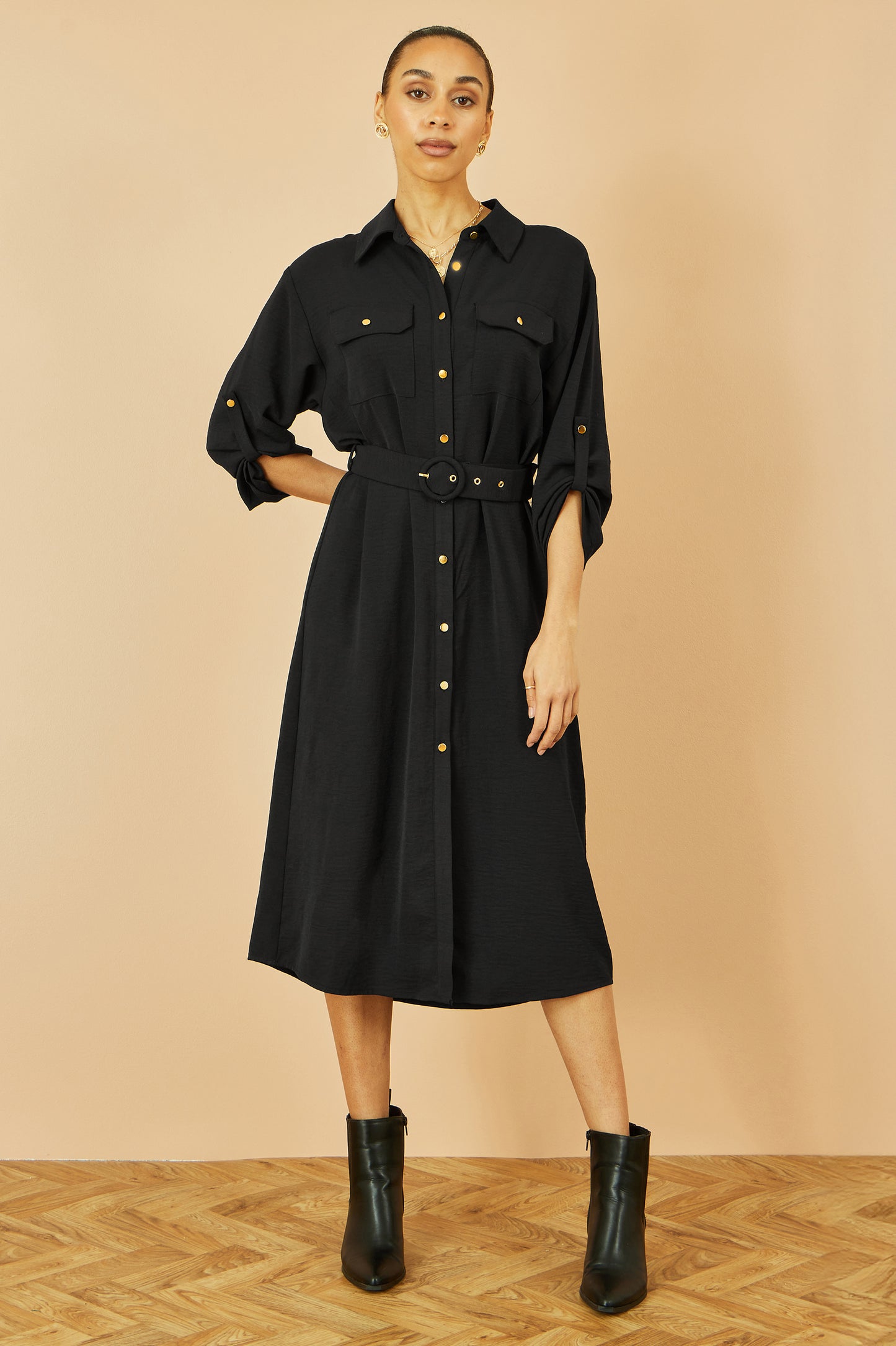 Yumi Black Stretch Midi Shirt Dress Dress Casual Yumi