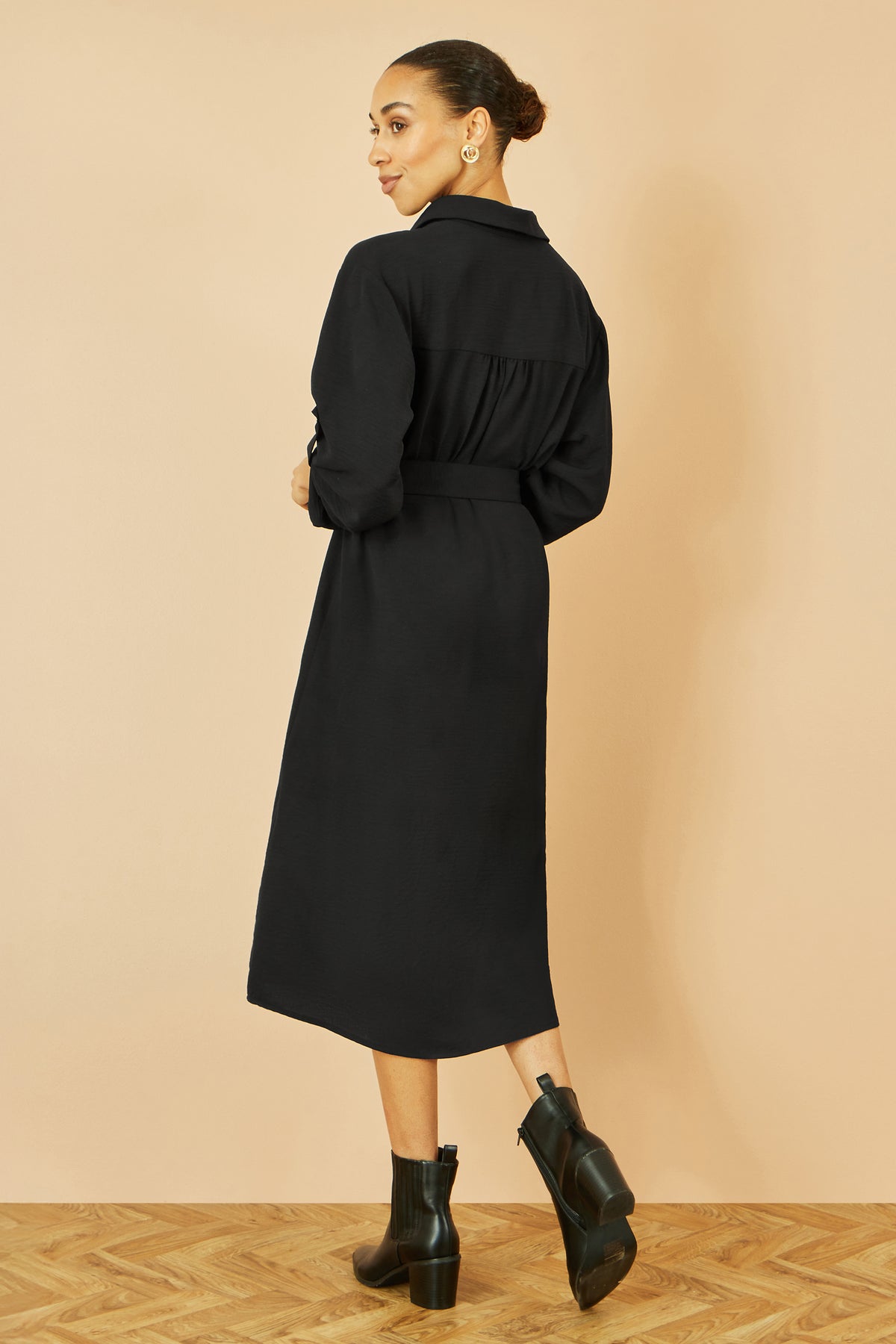 Yumi Black Stretch Midi Shirt Dress Dress Casual Yumi