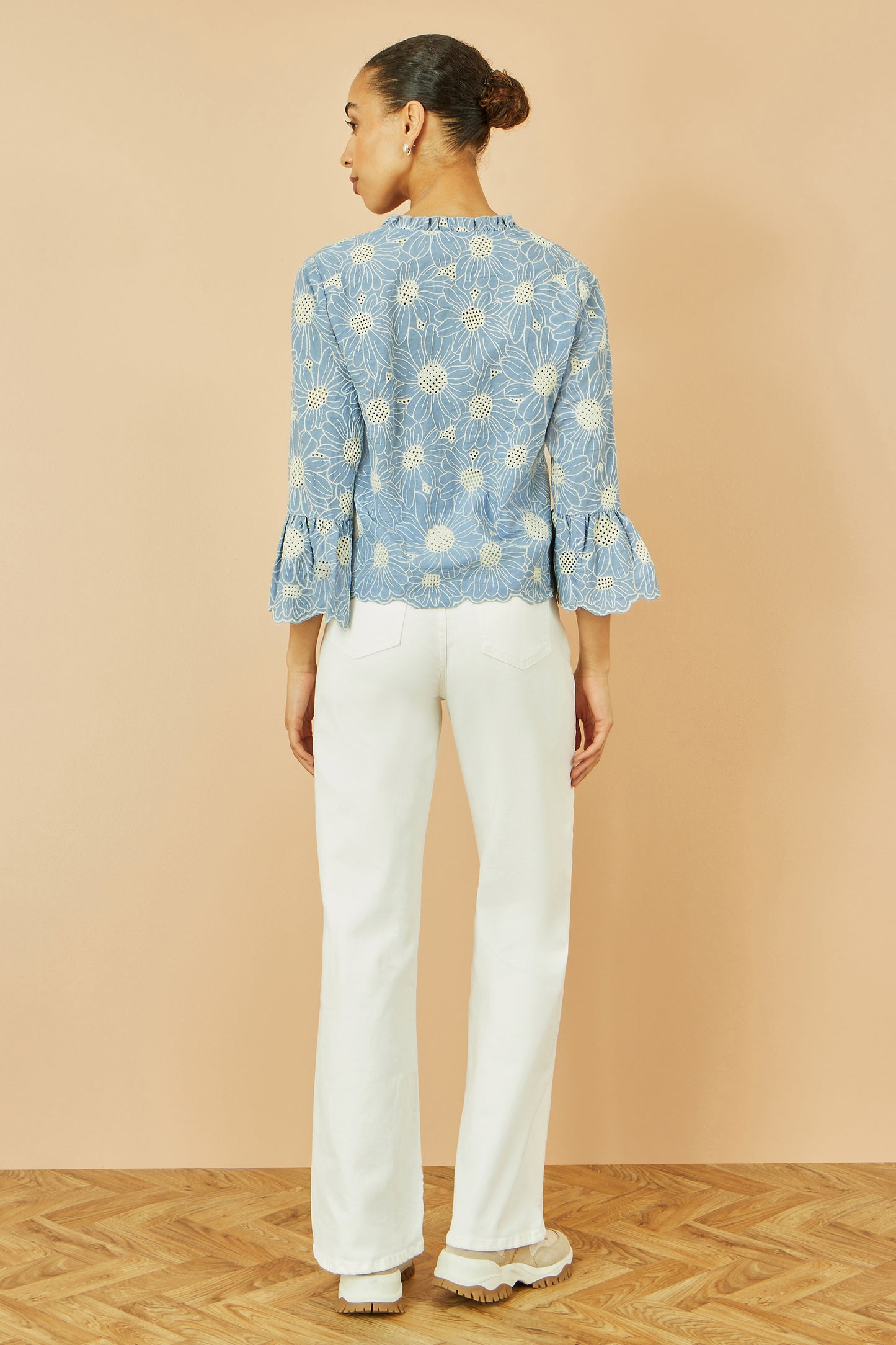 Yumi Blue Daisy Broderie Shirt With Fluted Sleeves Top Yumi