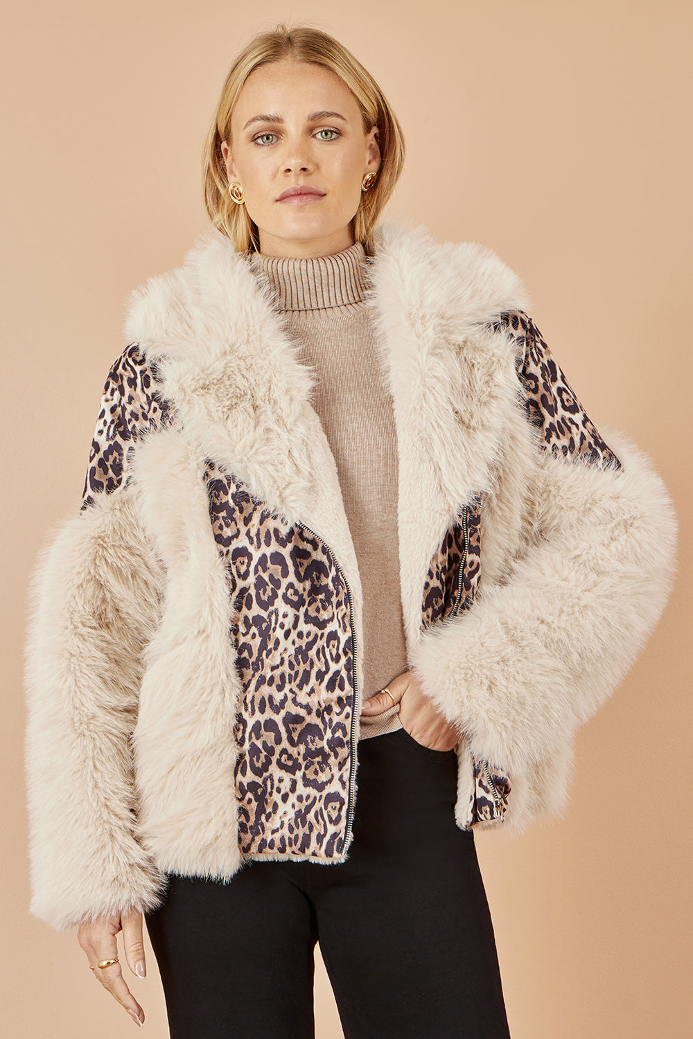 Yumi Cream Fur Biker Jacket With Leopard Print | Yumi