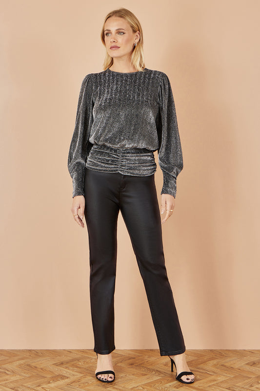 Yumi Black Metallic Stretch Ruched Hem Top Top Yumi