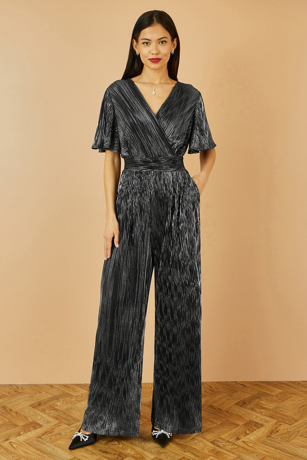 Yumi Black Metallic Pleated Jumpsuit With V Neck JUMPSUIT Yumi