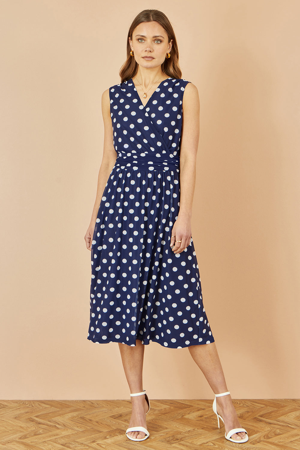 Yumi Navy Polka Dot Mesh Wrap Skater Dress With Pockets Dress Occasion Yumi