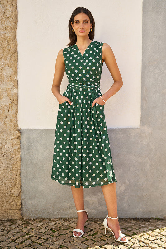 Yumi Green Polka Dot Mesh Wrap Skater Dress With Pockets Dress Occasion Yumi