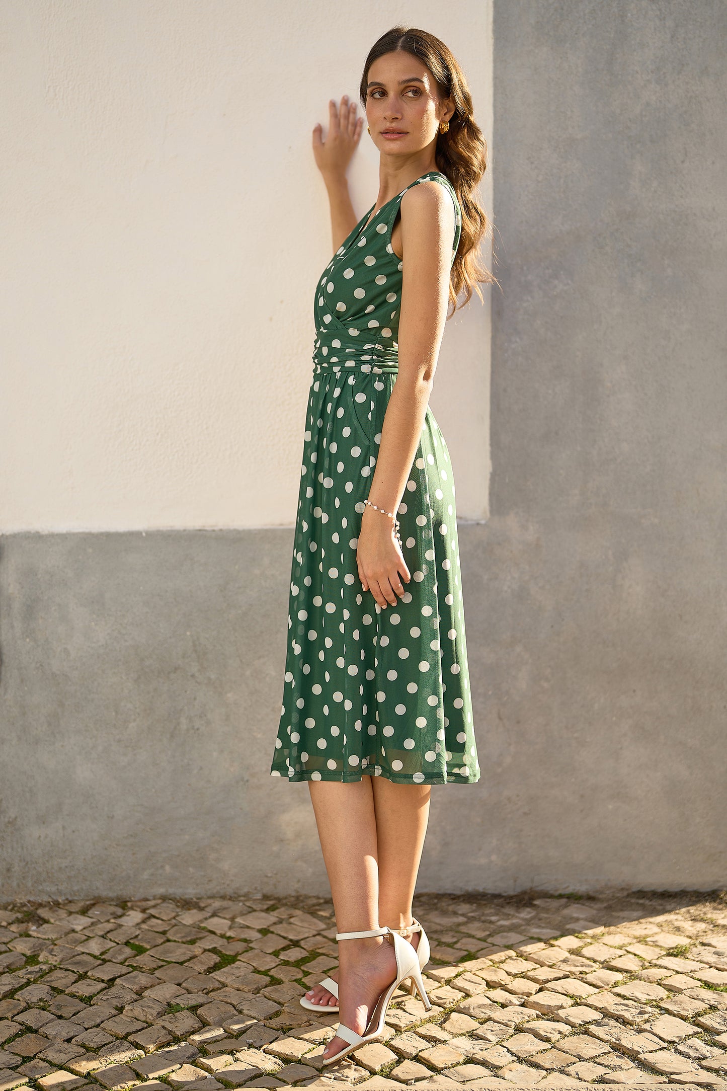 Yumi Green Polka Dot Mesh Wrap Skater Dress With Pockets Dress Occasion Yumi