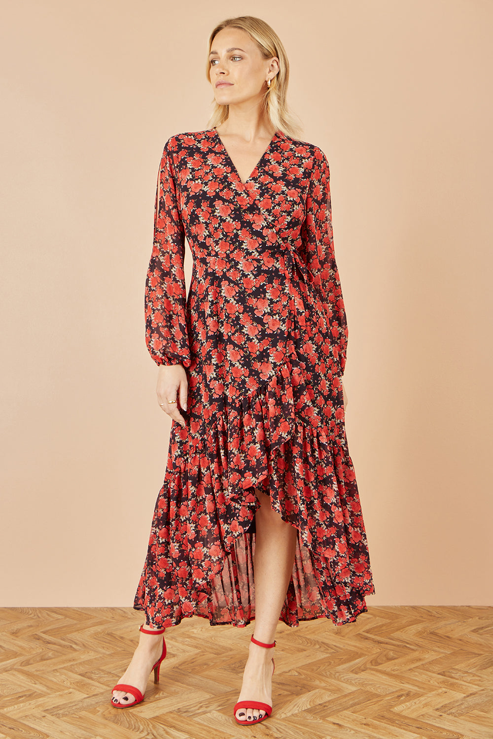 Yumi Red Rose Print Dipped Hemline Midi Dress With Open Long Sleeves Dress Occasion Yumi