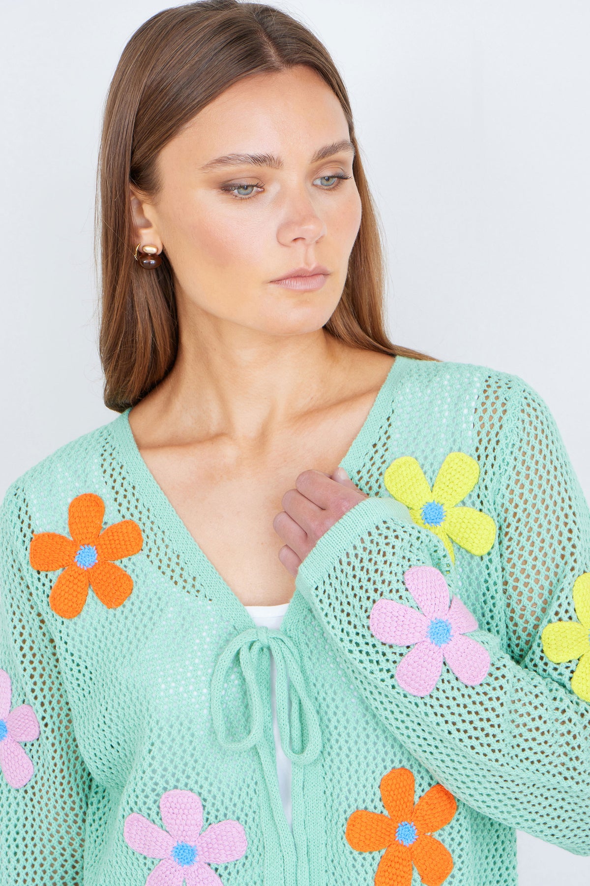 Yumi Mint Tie Front Cardigan With Flower Design Knit Cardigan Yumi