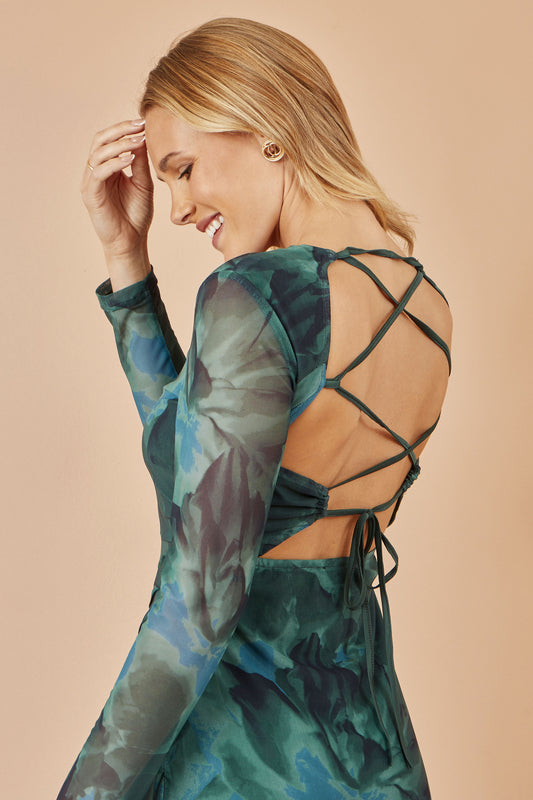Yumi Green Floral Mesh Bodycon Dress With Tie Back Dress Occasion Yumi