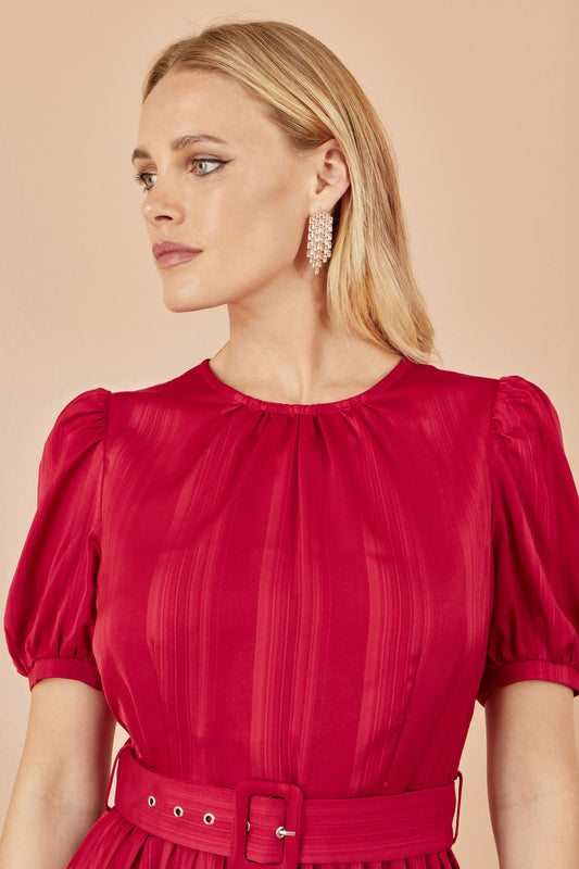 Yumi Red Satin Striped Midi Dress With Pleats and Matching Belt Dress Occasion Yumi