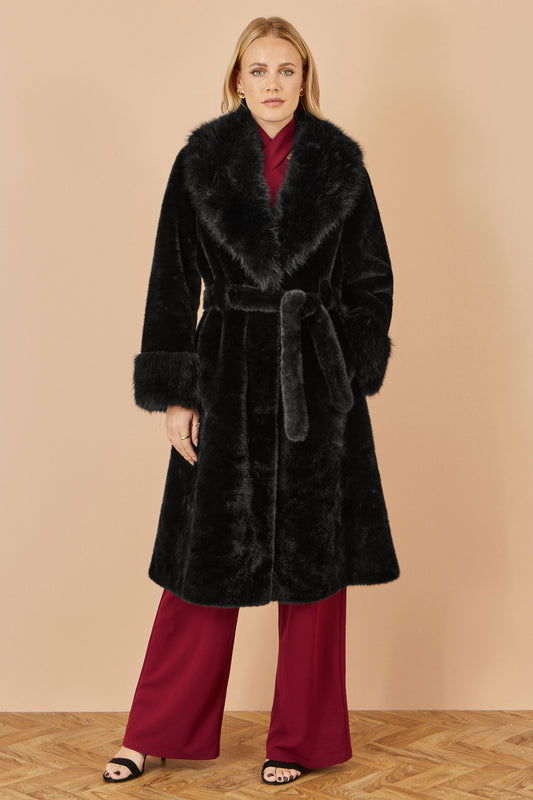 Yumi Black Wrap Faux Fur Coat With Oversize Collar COAT Yumi
