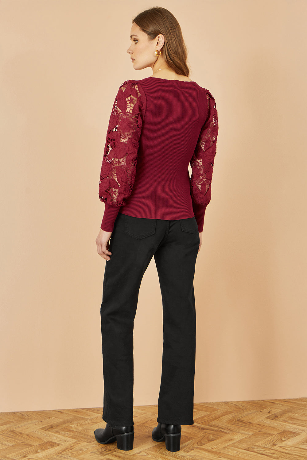Yumi Burgundy Ribbed Knitted Top With Lace Sleeves Knit Jumper Yumi