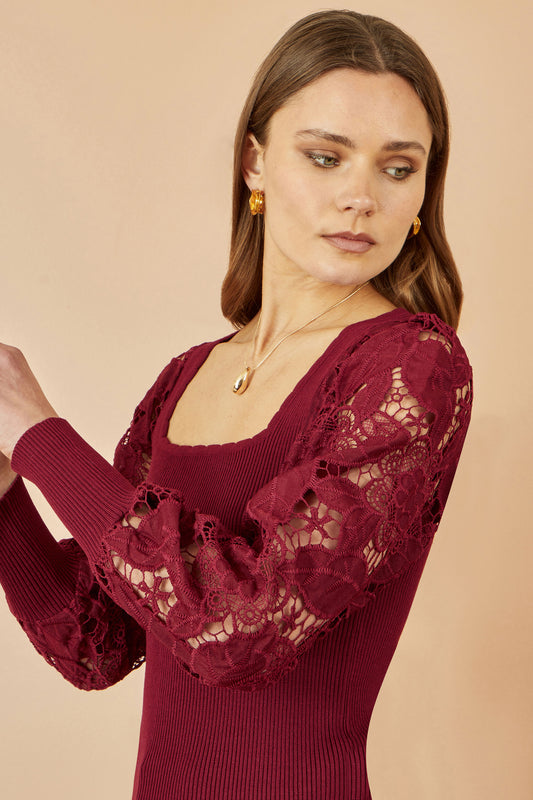 Yumi Burgundy Ribbed Knitted Top With Lace Sleeves Knit Jumper Yumi