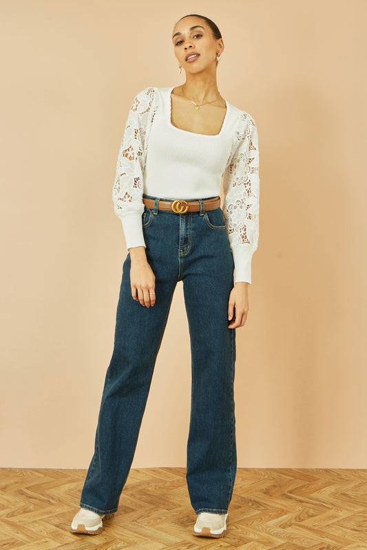 Yumi White Ribbed Knitted Top With Lace Sleeves Knit Jumper Yumi