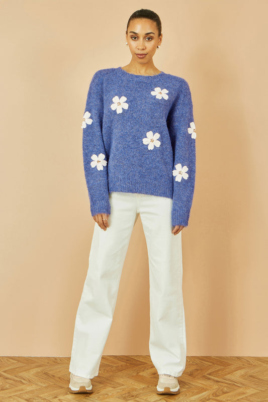 Yumi Blue Relaxed Jumper With Crochet Flowers Knit Jumper Yumi