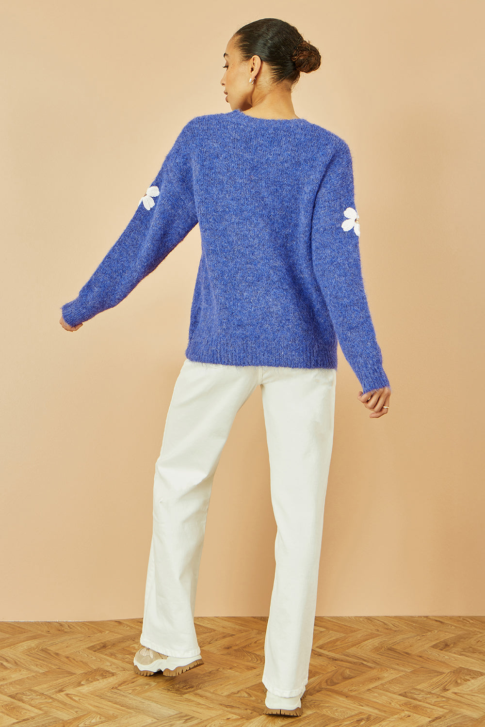 Yumi Blue Relaxed Jumper With Crochet Flowers Knit Jumper Yumi